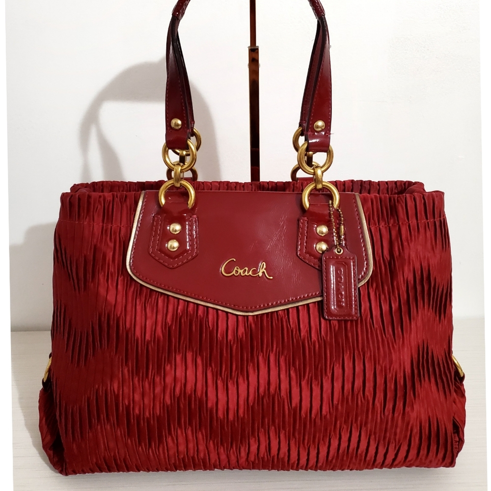 Coach Ashley Gathered Satin Carry All Bordeaux Dk Red Burgundy Bag F20050